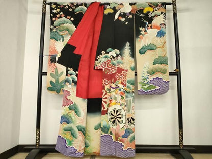 平和屋本店●アンティーク　大正ロマン　振袖　駒刺繍　御所車花文　正絹　逸品　AABN6068ck