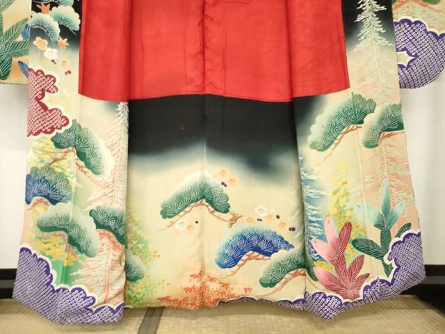 平和屋本店●アンティーク　大正ロマン　振袖　駒刺繍　御所車花文　正絹　逸品　AABN6068ck