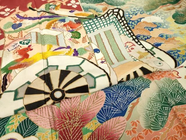 平和屋本店●アンティーク　大正ロマン　振袖　駒刺繍　御所車花文　正絹　逸品　AABN6068ck