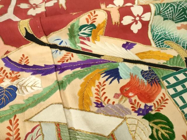 平和屋本店●アンティーク　大正ロマン　振袖　駒刺繍　御所車花文　正絹　逸品　AABN6068ck