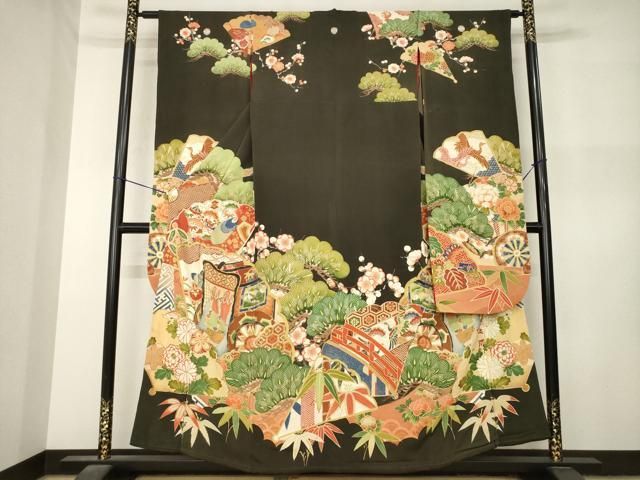 平和屋本店●アンティーク　大正ロマン　振袖　駒刺繍　御所車花文　黒地　金彩　正絹　逸品　AABN6069ck