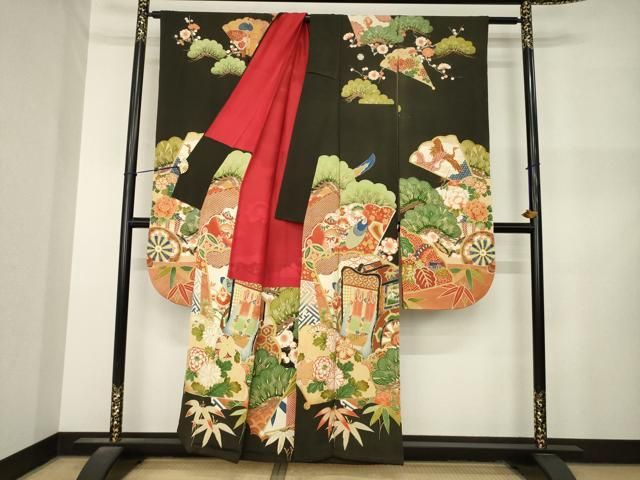 平和屋本店●アンティーク　大正ロマン　振袖　駒刺繍　御所車花文　黒地　金彩　正絹　逸品　AABN6069ck