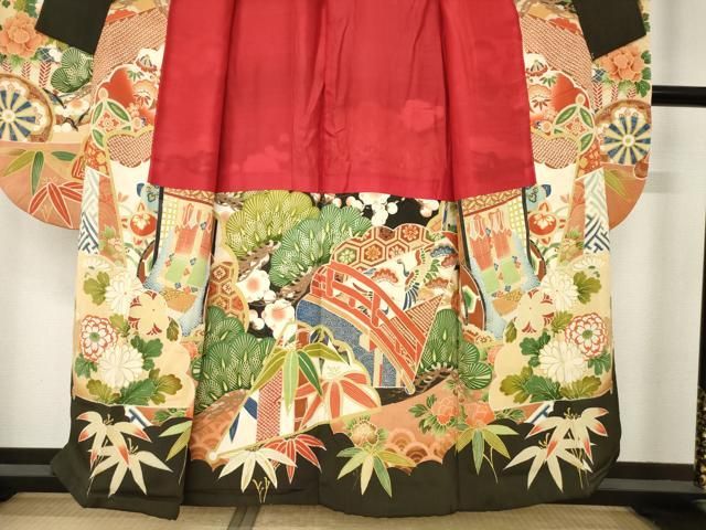 平和屋本店●アンティーク　大正ロマン　振袖　駒刺繍　御所車花文　黒地　金彩　正絹　逸品　AABN6069ck