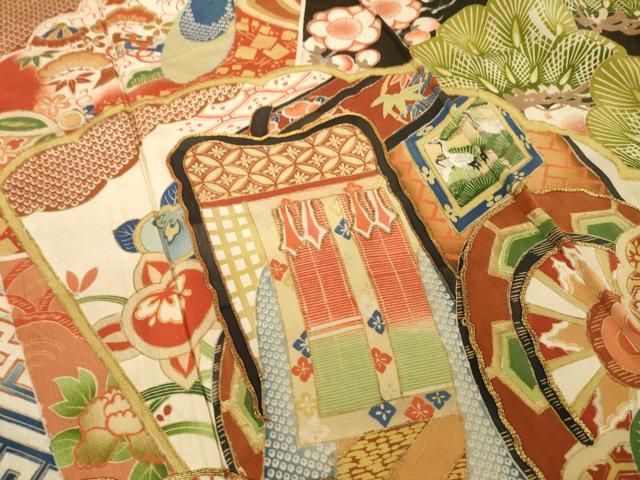 平和屋本店●アンティーク　大正ロマン　振袖　駒刺繍　御所車花文　黒地　金彩　正絹　逸品　AABN6069ck
