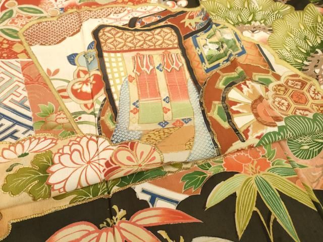 平和屋本店●アンティーク　大正ロマン　振袖　駒刺繍　御所車花文　黒地　金彩　正絹　逸品　AABN6069ck