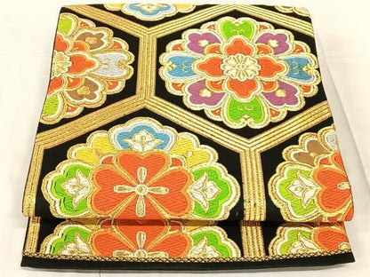平和屋着物◎六通柄袋帯　唐織　亀甲花文　黒地　金銀糸　正絹　逸品　AABN6081dk