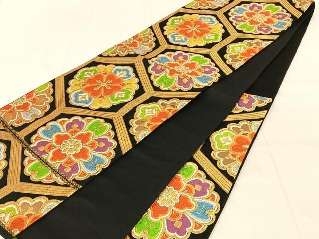 平和屋着物◎六通柄袋帯　唐織　亀甲花文　黒地　金銀糸　正絹　逸品　AABN6081dk