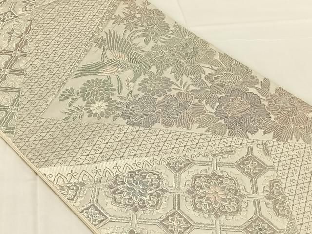 平和屋着物◎六通柄袋帯　煌めきのオパール　花鳥文　銀糸　正絹　逸品　AABN6088dk