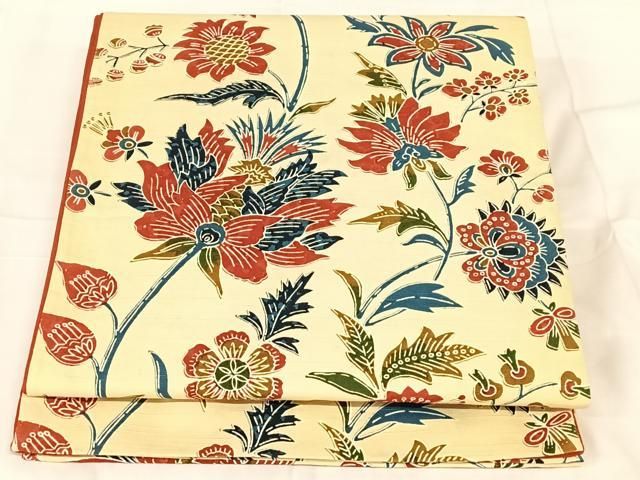 平和屋着物◎全通柄　京袋帯　紬地　更紗花文　正絹　逸品　AABN6095dk