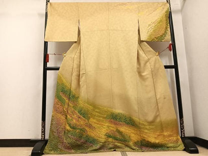 平和屋着物●訪問着　作家物　おぼろ染　重ね絞り　草花文　金通し地　正絹　逸品　AABN7322ph