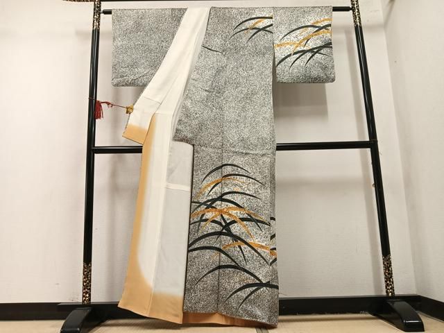 平和屋着物●訪問着　駒刺繍　露芝文　たたき染め　正絹　逸品　AABN7382ph