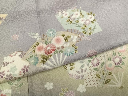 平和屋着物●訪問着　松竹梅扇面花文　暈し染め　正絹　逸品　AABN7430ph