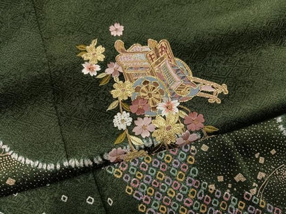 平和屋着物●訪問着　絞り　駒刺繍　御所車花文　金彩　さが美扱い　正絹　逸品　AABN7432ph