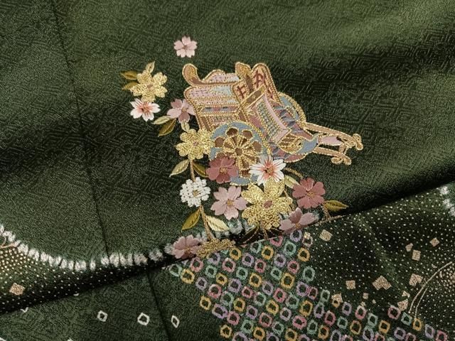 平和屋着物●訪問着　絞り　駒刺繍　御所車花文　金彩　さが美扱い　正絹　逸品　AABN7432ph