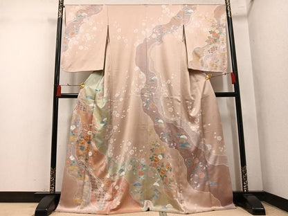 平和屋着物●訪問着　作家物　駒刺繍　雪花　草花文　金彩　正絹　逸品　AABN7440ph