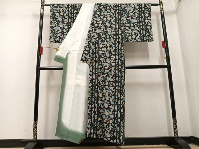 平和屋着物●上質な小紋　舞蝶更紗　黒地　京都きもの友禅扱い　正絹　逸品　AABN7452ph