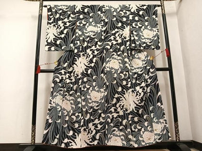 平和屋着物●上質な小紋　乱菊　黒地　金彩　正絹　逸品　AABN7457ph