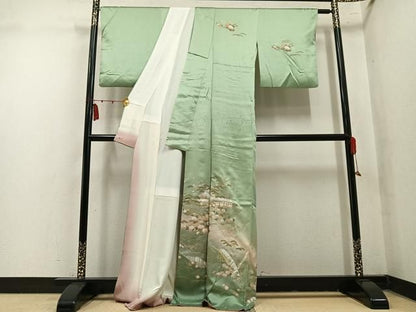 平和屋着物●訪問着　渡り橋風景草花文　暈し染め　金銀彩　三越扱い　正絹　逸品　AABN7459ph