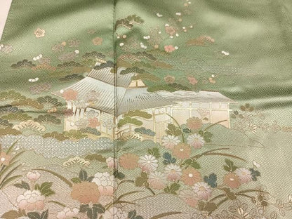平和屋着物●訪問着　渡り橋風景草花文　暈し染め　金銀彩　三越扱い　正絹　逸品　AABN7459ph