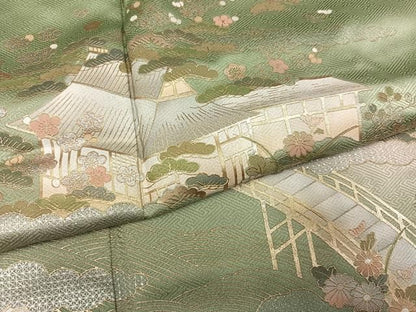 平和屋着物●訪問着　渡り橋風景草花文　暈し染め　金銀彩　三越扱い　正絹　逸品　AABN7459ph