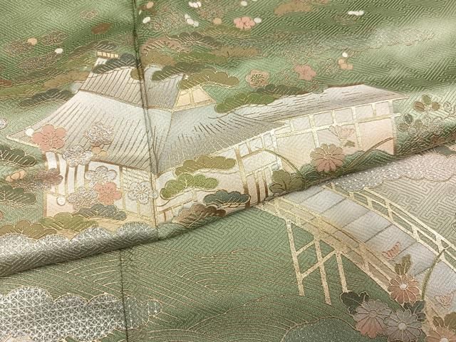 平和屋着物●訪問着　渡り橋風景草花文　暈し染め　金銀彩　三越扱い　正絹　逸品　AABN7459ph