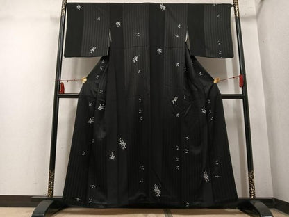 平和屋着物●上質な小紋　枝花文　黒地　正絹　逸品　AABN7460ph