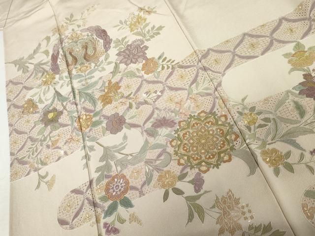 平和屋着物●中国三大刺繍　スワトウ刺繍　汕頭刺繍　総刺繍　訪問着　双鳥更紗花文　金糸　正絹　逸品　AABN8008cs