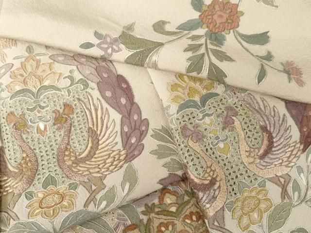 平和屋着物●中国三大刺繍　スワトウ刺繍　汕頭刺繍　総刺繍　訪問着　双鳥更紗花文　金糸　正絹　逸品　AABN8008cs