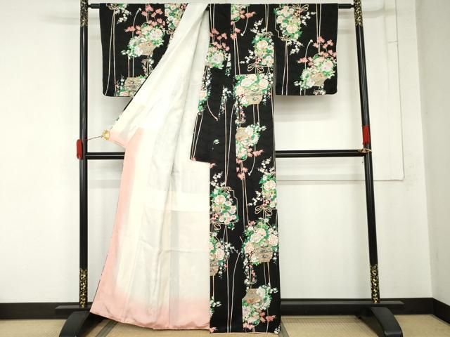 平和屋着物●創業460年・千總　小紋　花篭文　黒地　金彩　正絹　逸品　AABN8018cs