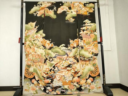 平和屋本店●アンティーク　大正ロマン　振袖　駒刺繍　御所車吉祥花文　黒地　正絹　逸品　AABN8091cs