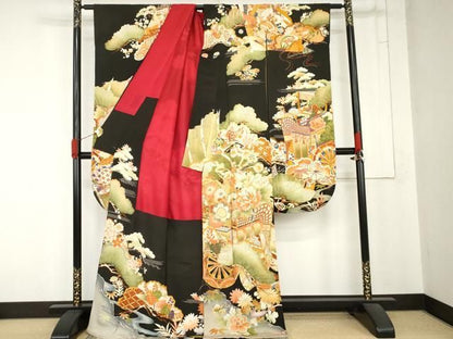 平和屋本店●アンティーク　大正ロマン　振袖　駒刺繍　御所車吉祥花文　黒地　正絹　逸品　AABN8091cs