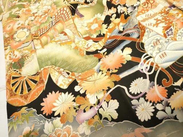 平和屋本店●アンティーク　大正ロマン　振袖　駒刺繍　御所車吉祥花文　黒地　正絹　逸品　AABN8091cs