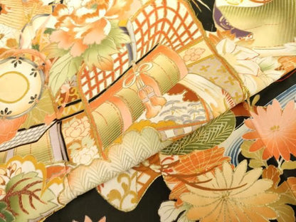 平和屋本店●アンティーク　大正ロマン　振袖　駒刺繍　御所車吉祥花文　黒地　正絹　逸品　AABN8091cs