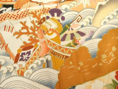 平和屋本店●アンティーク　大正ロマン　振袖　駒刺繍　御所車吉祥花文　黒地　正絹　逸品　AABN8091cs