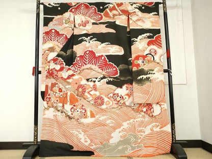 平和屋本店●アンティーク　大正ロマン　振袖　駒刺繍　立波吉祥花松文　正絹　逸品　AABN8092cs