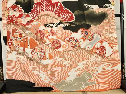 平和屋本店●アンティーク　大正ロマン　振袖　駒刺繍　立波吉祥花松文　正絹　逸品　AABN8092cs