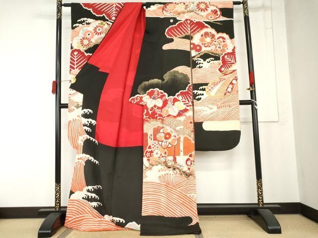 平和屋本店●アンティーク　大正ロマン　振袖　駒刺繍　立波吉祥花松文　正絹　逸品　AABN8092cs