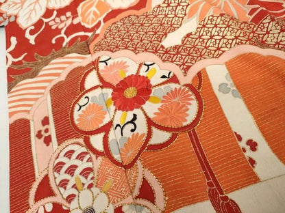 平和屋本店●アンティーク　大正ロマン　振袖　駒刺繍　立波吉祥花松文　正絹　逸品　AABN8092cs