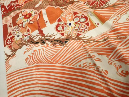 平和屋本店●アンティーク　大正ロマン　振袖　駒刺繍　立波吉祥花松文　正絹　逸品　AABN8092cs