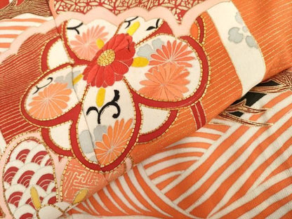 平和屋本店●アンティーク　大正ロマン　振袖　駒刺繍　立波吉祥花松文　正絹　逸品　AABN8092cs