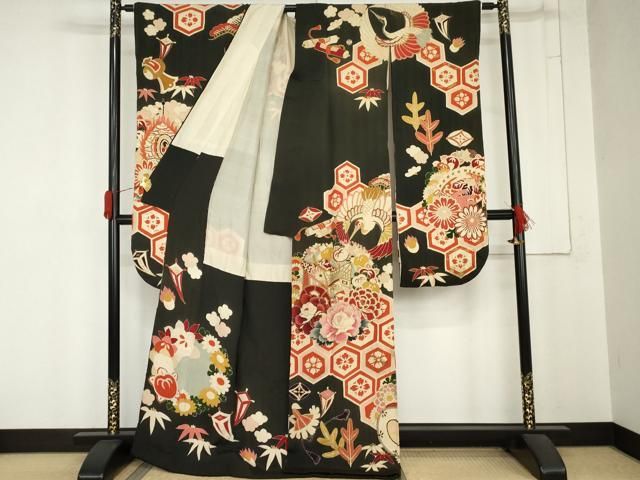 平和屋本店●アンティーク　大正ロマン　振袖　駒刺繍　舞鶴花鼓文　黒地　金彩　正絹　逸品　AABN8093cs