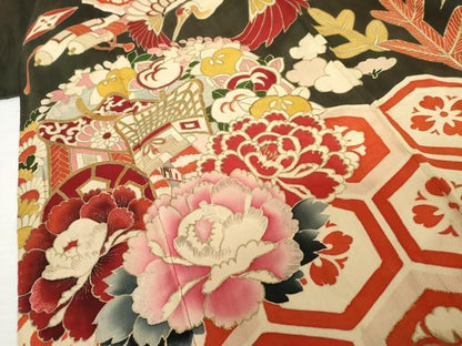 平和屋本店●アンティーク　大正ロマン　振袖　駒刺繍　舞鶴花鼓文　黒地　金彩　正絹　逸品　AABN8093cs