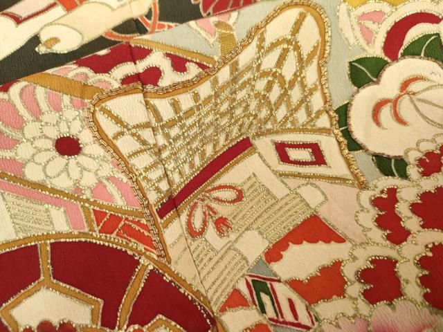 平和屋本店●アンティーク　大正ロマン　振袖　駒刺繍　舞鶴花鼓文　黒地　金彩　正絹　逸品　AABN8093cs