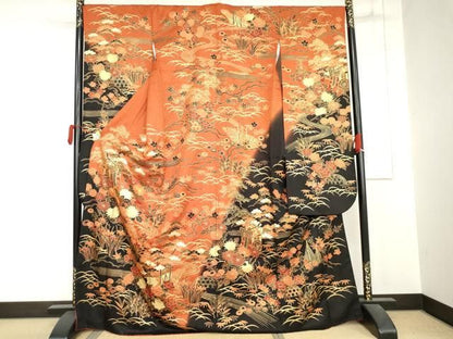 平和屋着物●豪華振袖　駒刺繍　御所車吉祥花文　金彩　正絹　逸品　AABN8107cs