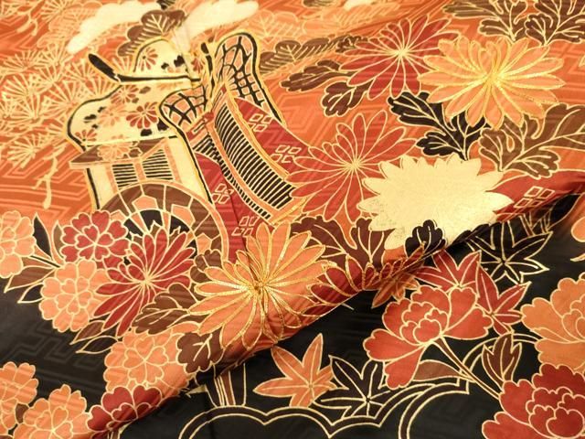 平和屋着物●豪華振袖　駒刺繍　御所車吉祥花文　金彩　正絹　逸品　AABN8107cs