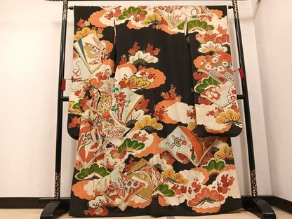 平和屋本店●アンティーク　大正ロマン　振袖　刺繍　群れ鶴草花文　黒地　金彩　正絹　逸品　AABN8301ph