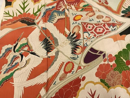 平和屋本店●アンティーク　大正ロマン　振袖　刺繍　群れ鶴草花文　黒地　金彩　正絹　逸品　AABN8301ph