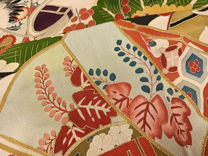 平和屋本店●アンティーク　大正ロマン　振袖　刺繍　群れ鶴草花文　黒地　金彩　正絹　逸品　AABN8301ph