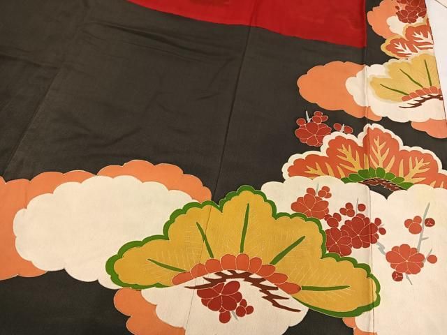 平和屋本店●アンティーク　大正ロマン　振袖　刺繍　群れ鶴草花文　黒地　金彩　正絹　逸品　AABN8301ph