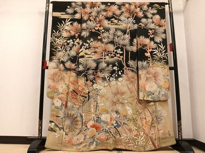平和屋本店●アンティーク　大正ロマン　振袖　御所車草花文　暈し染め　黒地　正絹　逸品　AABN8303ph